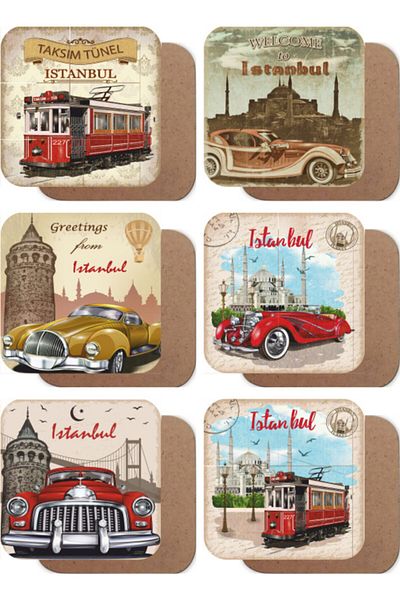 Hayat Poster Istanbul Classic Cars Tram Themed Set of 6 Wooden Coasters