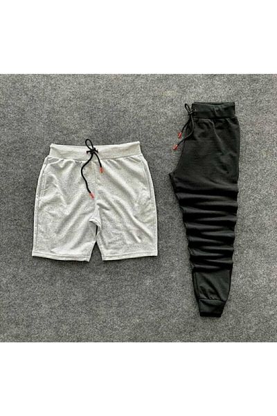 NewCabin Unisex Γκρι Σορτς Μαύρο Φούτερ Slim Fit 2τμχ