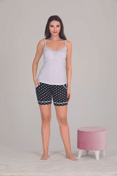 Lady Lingerie Set de 3 piese cu cămăși negre cu buline și pantaloni scurți cu bretele