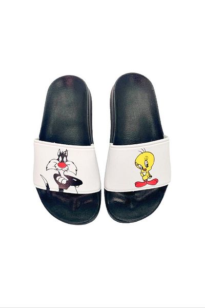 ALTUNTAŞ Papuci de damă pentru fete cu imprimeu Tweety and Sylvester Model White