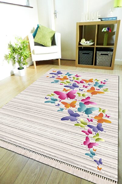 Modern home Modern Renkli Kelebek Figürlü Püskül Detaylı Dijital Baskı Antiba...