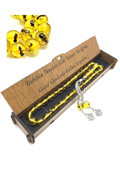 KANUNİ TESBİH Ahşap Kutulu Söz Kombinli Karıncalı Toz Kehribar Tesbih