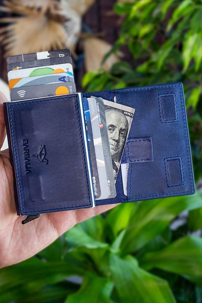 Garbalia Crazy Navy Blue Card Holder Wallet with Genuine Leather Mechanism and Drawstring
