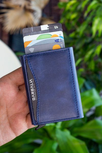 Garbalia Crazy Navy Blue Card Holder Wallet with Genuine Leather Mechanism and Drawstring
