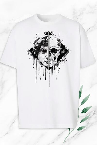 perseusshopping Oversize kroj Mitološka statua Davida i lobanja Štampano Bela...