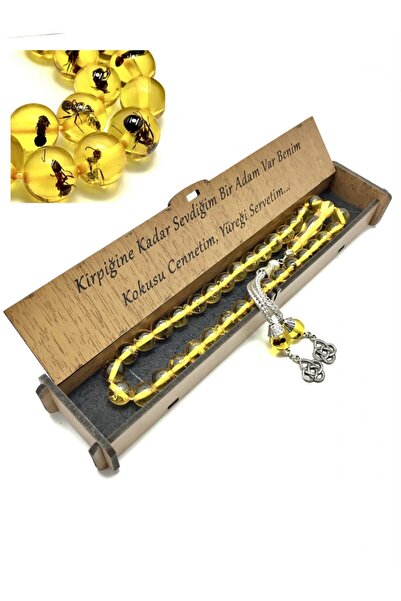 KANUNİ TESBİH Ahşap Kutulu Söz Kombinli Karıncalı Toz Kehribar Tesbih