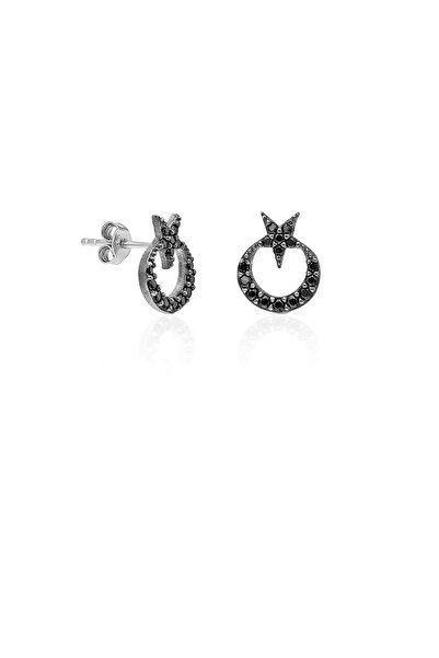 Aykat Siyah Renk Taşlı Bayraklı Gümüş Küpe Ayyıldızlı Çocuk Küpe Kupe-316