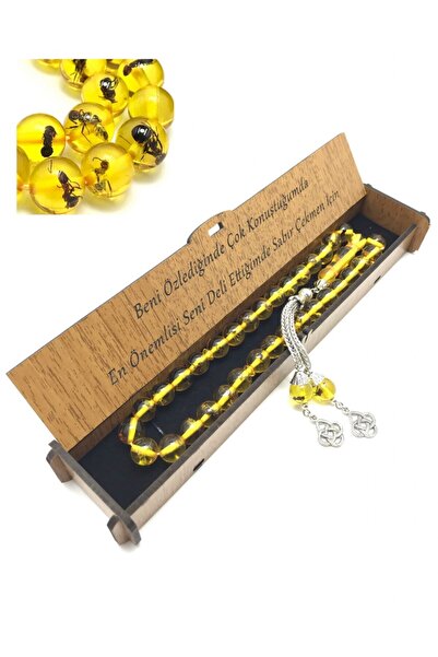 KANUNİ TESBİH Ahşap Kutulu Söz Kombinli Karıncalı Toz Kehribar Tesbih