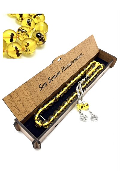 KANUNİ TESBİH Ahşap Kutulu Söz Kombinli Karıncalı Toz Kehribar Tesbih