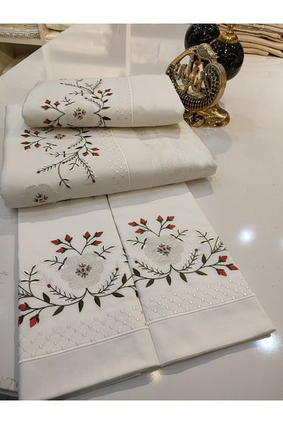 incisecrethome Handcrafted Needle Embroidered, Rococo, Embroidered Pique and Duvet Cover Set Consisting of 7 Pieces