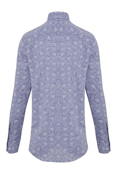Hatemoğlu Μπλε Navy Slim Fit με εμπριμέ γιακά με μακρυμάνικο λινό πουκάμισο