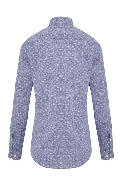 Hatemoğlu Μπλε Navy Slim Fit με εμπριμέ γιακά με μακρυμάνικο λινό πουκάμισο
