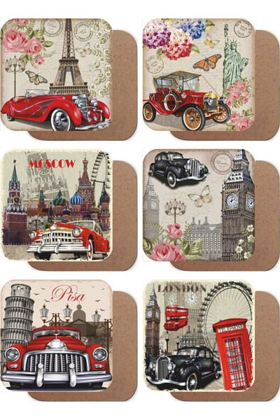 Hayat Poster Paris Rome London Moscow Newyork Classic Cars Set of 6 Wooden Coasters
