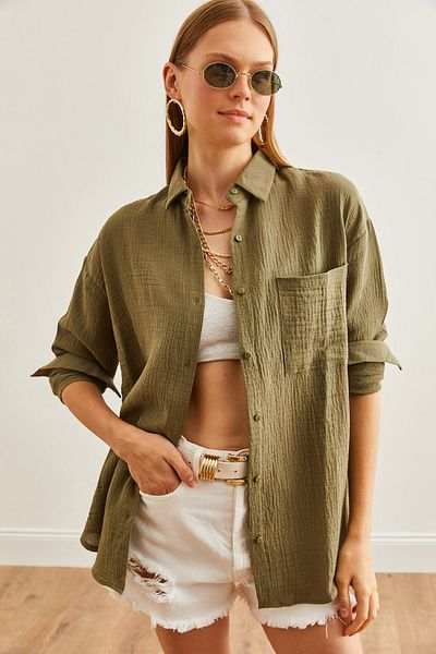 Olalook Khaki Color Oversize dámská mušelínová košile - GML- 19001217