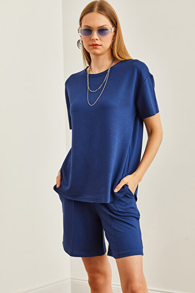 Olalook Navy Blue Women's T-Shirt and Shorts Set - Oval Cut, Pocketed TKM- 19000303