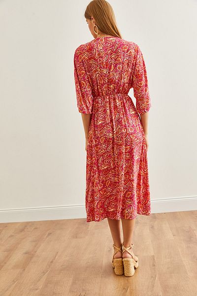 Olalook Fuchsiafarbenes Damenkleid mit zweireihigem Kragen und Schlitz in der Taille und Gummizug - ELB- 19002239