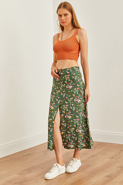 Olalook Πράσινη φλοράλ μοτίβο γυναικεία φούστα βισκόζη - με κουμπιά, ETK- 19000273