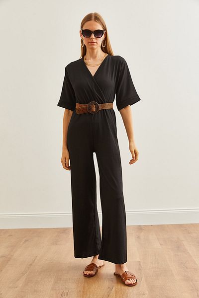 Olalook Black Double-breasted Women's Jumpsuit with Belt - Short Sleeve TLM- 19000156