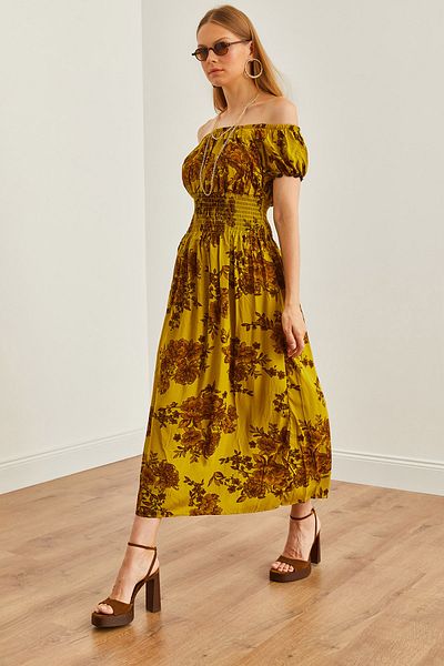 Olalook Oil Green Midi Viscose Dress - Madonna Collar and Gipeli Waist ELB- 19002240