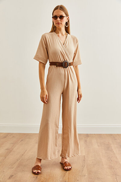 Olalook Double Breasted Cut Women's Jumpsuit - Stone, Short Sleeve and Belt TLM- 19000156