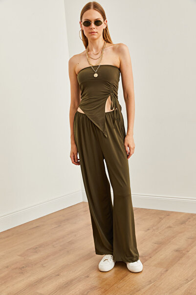 Olalook Khaki Colored Women's Blouse and Palazzo Pants Set - Strapless TKM- 19000299