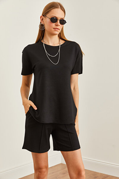 Olalook Women's Black T-Shirt and Shorts Set - Oval Cut, Pocket TKM- 19000303