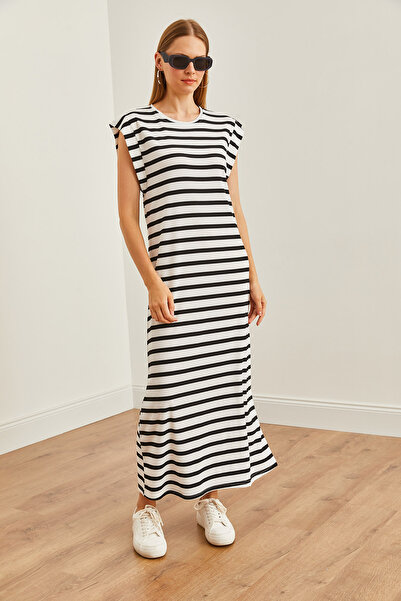 Olalook Rochie midi cu dungi albe - piese la subrat, ELB- 19002242