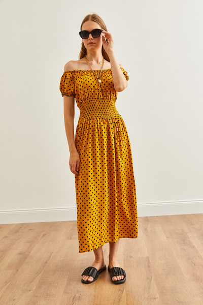 Olalook Madonna Collar Polka Dot Viscose Midi Dress - Elastic Waist, Mustard Color ELB- 19002240