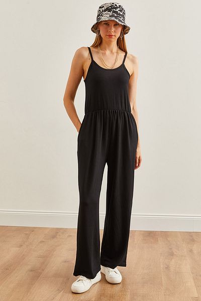 Olalook Schwarzer, weich strukturierter Damen-Jumpsuit mit Trägern - TLM- 19000155