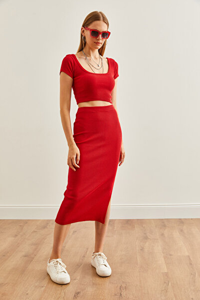 Olalook Red Women's Crop Blouse and Slit Pencil Skirt Set - TKM- 19000300