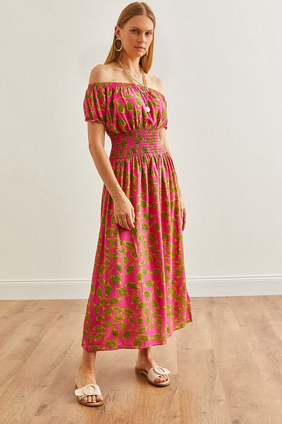 Olalook Leaf Fuchsia Madonna Collar - Elastic Waist Midi Viscose Dress ELB- 19002240