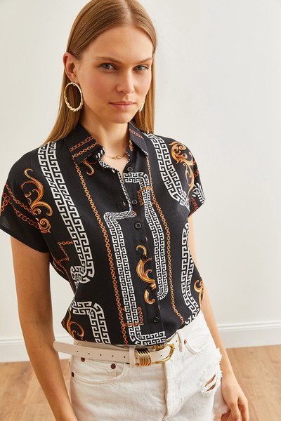 Olalook Cămașă neagră cu mânecă liliac din viscoză - imprimeu cu lanț, GML- 1...