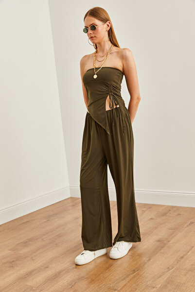 Olalook Khaki Colored Women's Blouse and Palazzo Pants Set - Strapless TKM- 19000299