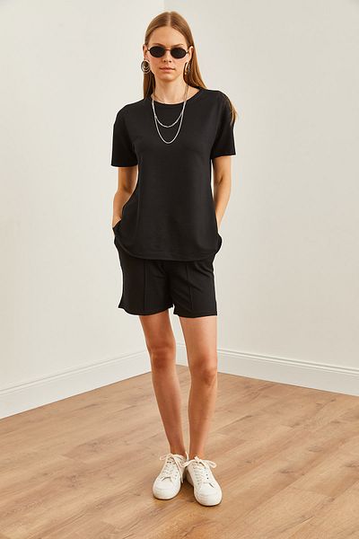 Olalook Women's Black T-Shirt and Shorts Set - Oval Cut, Pocket TKM- 19000303
