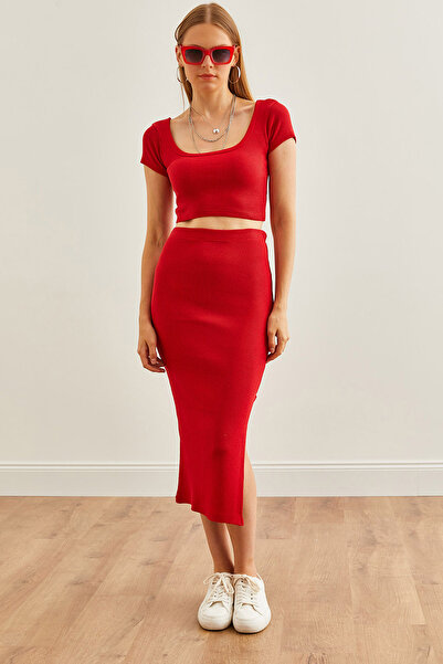 Olalook Red Women's Crop Blouse and Slit Pencil Skirt Set - TKM- 19000300