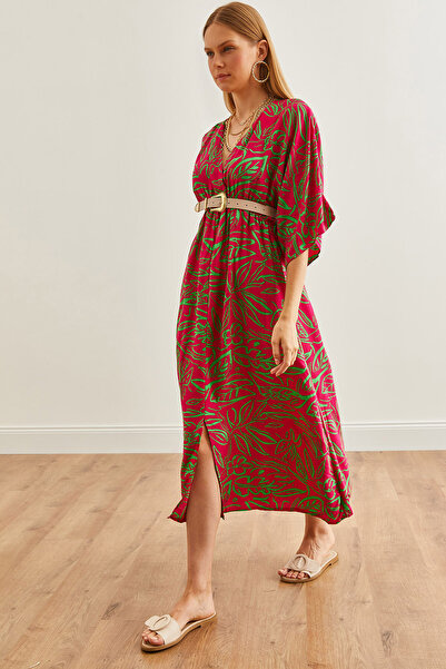 Olalook Fuchsia Green Double Breasted Collar and Slit Elastic Waist Women's Dress - ELB- 19002241