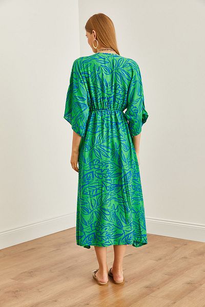 Olalook Green Blue Double Breasted Collar - Elastic Waist Slit Women's Dress ELB- 19002241