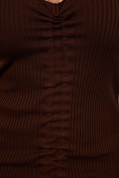 Trendyol Curve Καφέ Κοτλέ Πλεκτό Φόρεμα Plus Size TBBAW23AH00005