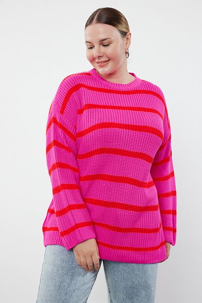 Trendyol Curve Relax Pink Striped Knitwear Sweater - Off Shoulder TBBAW23AN00195