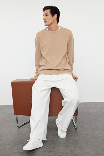 Trendyol Collection Camel Color Oversize Crew Neck Stitching Detailed T-Shirt - Tmnaw23Ts00022