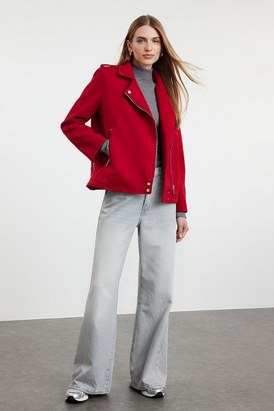 Trendyol Collection Roter, normaler, genähter, dünner Biker-Jackenmantel TWOAW25MO00131