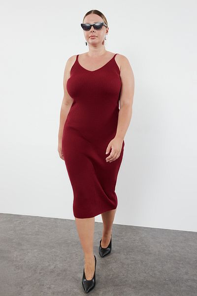Trendyol Curve Dark Cherry Midi 2-dielna súprava úpletových šiat a pletených svetrov – TBBAW24AH00004