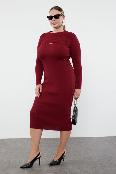 Trendyol Curve Dark Cherry Midi 2-dielna súprava úpletových šiat a pletených svetrov – TBBAW24AH00004
