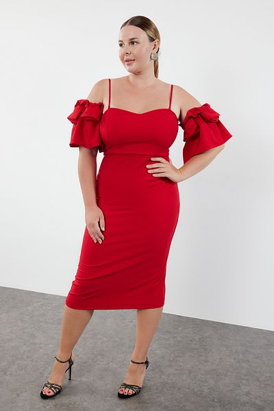 Trendyol Curve Red Woven Lined Evening Dress Suitable for Body Type - TBBSS24AH00216