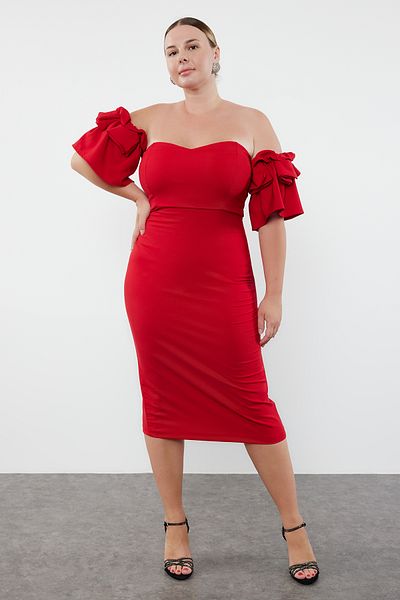 Trendyol Curve Red Woven Lined Evening Dress Suitable for Body Type - TBBSS24AH00216