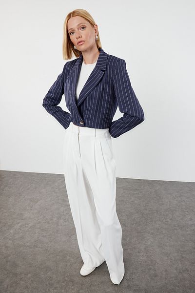 Trendyol Collection Темно-синій смугастий піджак прямого крою TWOSS23BC00029