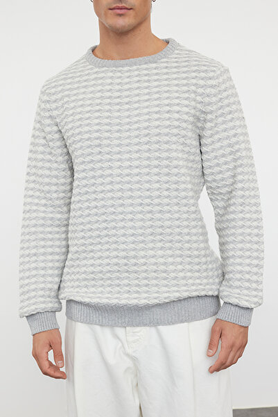 Trendyol Collection Stone Férfi karcsú, karcsúsított, kerékpáros nyakú texturált kötött pulóver TMNAW25KZ00020