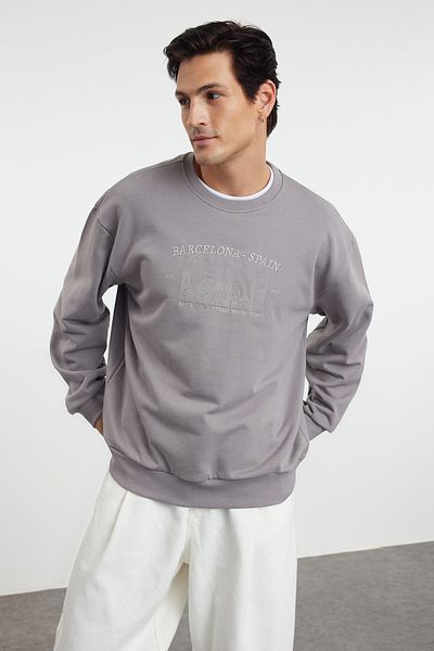 Trendyol Collection Γκρι Oversize/Wide Cut City Κεντημένο Φούτερ χωρίς αποχρώσεις TMNAW25SW00054