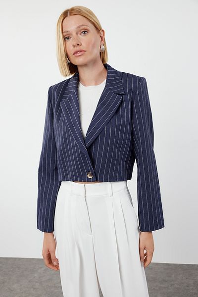 Trendyol Collection Темно-синій смугастий піджак прямого крою TWOSS23BC00029