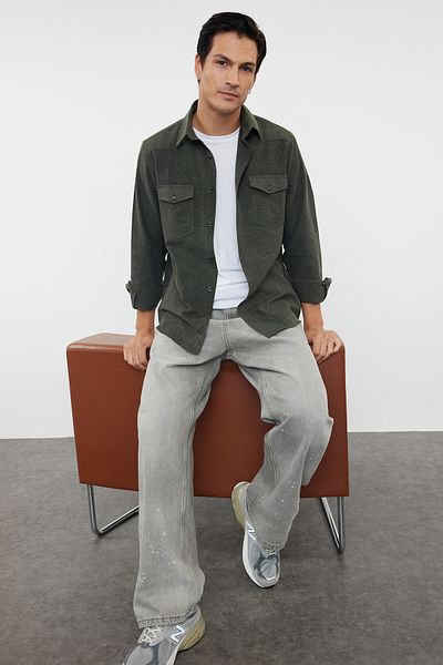 Trendyol Collection Khakifarbene Flanell-Winter-Holzfällerjacke – mit Taschen, reguläre Passform TMNAW25GO00000